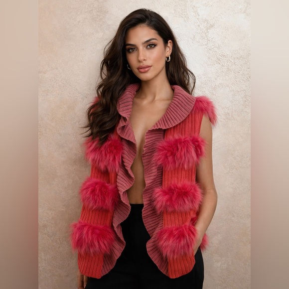 Pink and Red Fox Fur Trim Cardigan Made in Italy Worn Once